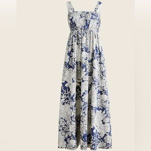 J. Crew Blue and White Floral Smocked Maxi Dress
